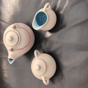 Pigeon Forge Pottery tea set  teapot, creamer, sugar-gray with blue inside glaze